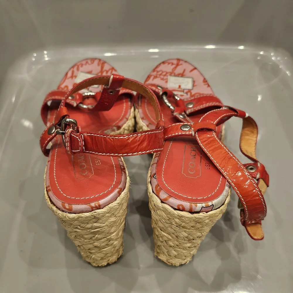 COACH Red Wedge Espadrille Sandals